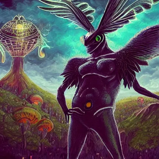 Image similar to A centered chest up portrait of a psychedelic godlike mothman with giant mandala wings smoking a hand-rolled cigarette smoking heavily , magic mushroom village in background , award winning. superb resolution. in the art style of junji Ito and greg rutkowski . Detailed Mushroom city in background. Hyper realistic anime. Perfect art. Dalle2