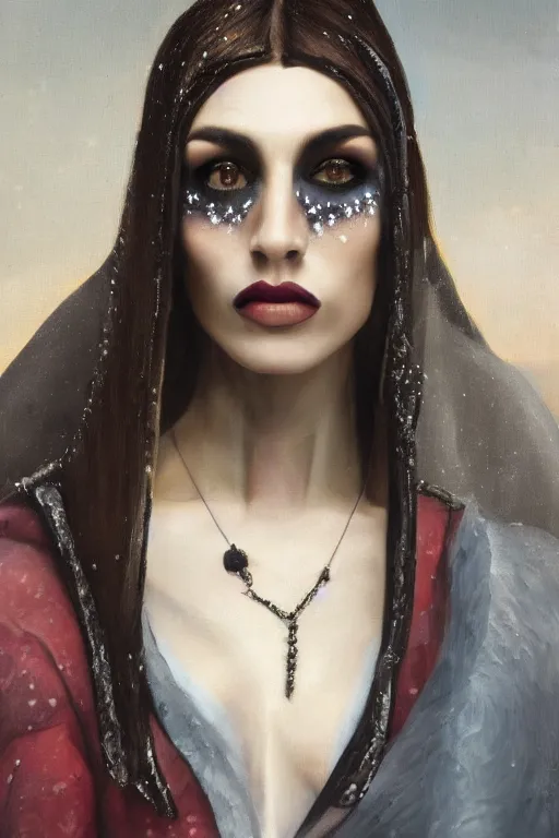 Image similar to hyperrealism oil painting, close - up portrait of european medieval brunette vampire fashion model, knight, steel gradient mixed with nebula sky, in style of baroque