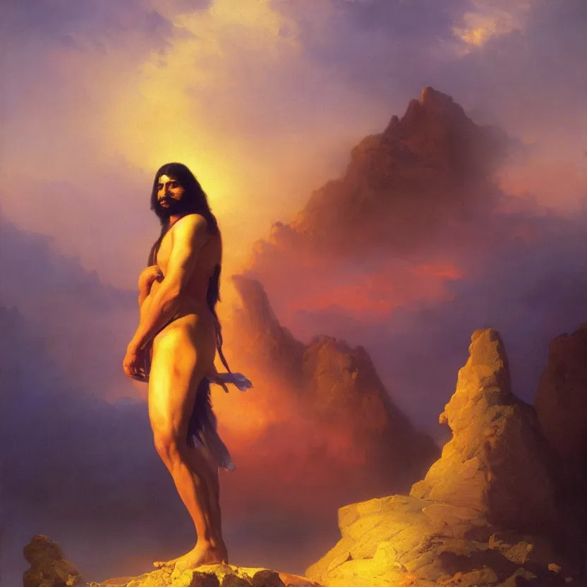 Image similar to handsome navaho god in a loincloth, posing against a royal purple backdrop by ivan aivazovsky, oil painting, beautiful soft lighting, saturated colours, artstation