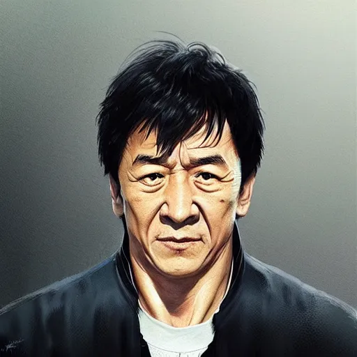 Image similar to “Portrait of Jackie Chan by Greg Rutkowski, young, manly, attractive, strong, older brother vibes, highly detailed portrait, scifi, digital painting, artstation, concept art, smooth, sharp foccus ilustration, Artstation HQ”