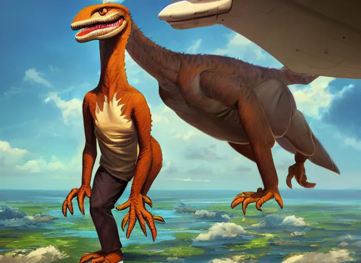 Image similar to character portrait feature of the anthro male anthropomorphic velociraptor dino fursona wearing airline pilot outfit uniform professional pilot character design stylized by charlie bowater, ross tran, artgerm, and makoto shinkai, detailed, soft lighting, rendered in octane, maldives in background