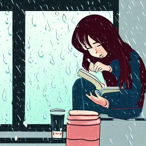 Prompt: lofi hiphop girl reading by the window on a rainy day
