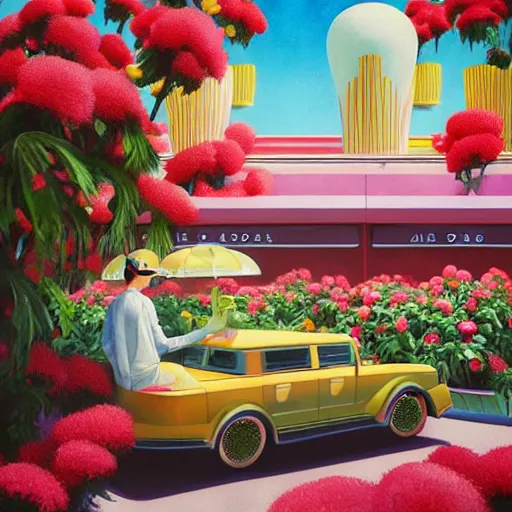 Image similar to a painting of an art deco mcdonald's surrounded by flowers, a watercolor and matte painting by beeple and rhads and mark keathley, wes anderson, cgsociety, artdeco, utopian art, retrofuturism, sci - fi, artstation hq