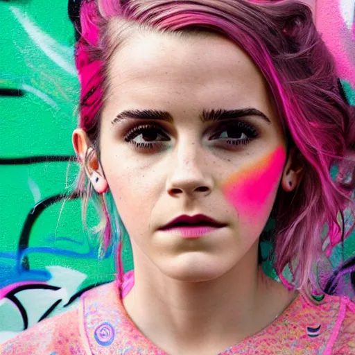 Prompt: emma watson with pink and green hair wearing 9 0's clothing in front of a graffiti mural, 8 k resolution, portrait, 3 5 mm, vogue cover photo