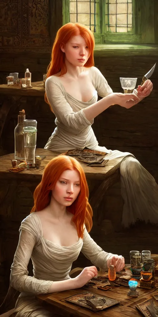 Image similar to ginger girl with problems, sitting and drinking in an ancien tavern and playing with a knife, magic the gathering, ancient, sand, emerald, intricate, highly detailed, digital painting, artstation, concept art, smooth, sharp focus, illustration, Unreal Engine 5, 8K, art by artgerm and greg rutkowski and alphonse mucha