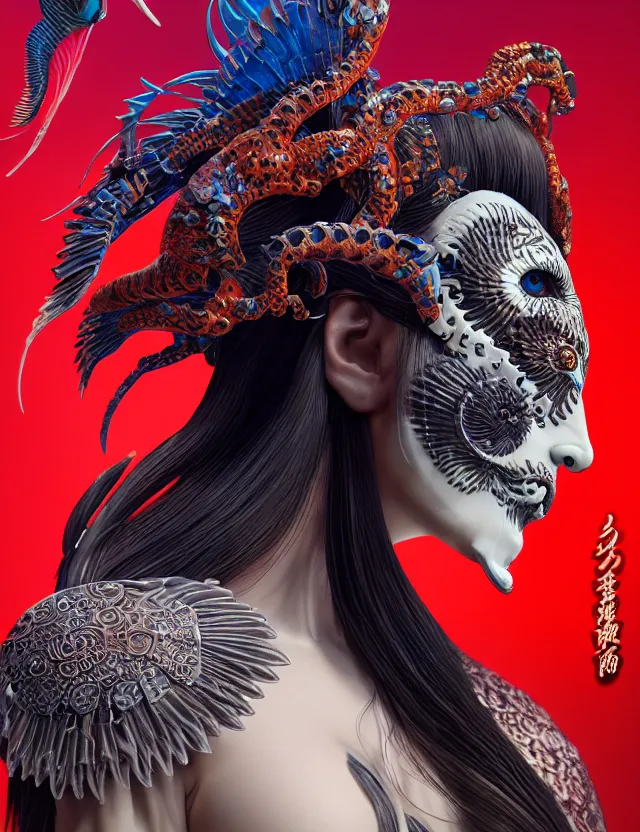 Image similar to 3 d goddess close - up profile portrait biomechanics with ram skull. beautiful intricately detailed japanese crow kitsune mask and clasical japanese kimono. betta fish, jellyfish phoenix, bio luminescent, plasma, ice, water, wind, creature, artwork by tooth wu and wlop and beeple and greg rutkowski