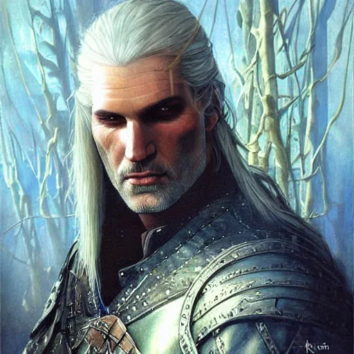 Prompt: geralt of rivia, ethereal, painting by karol bak