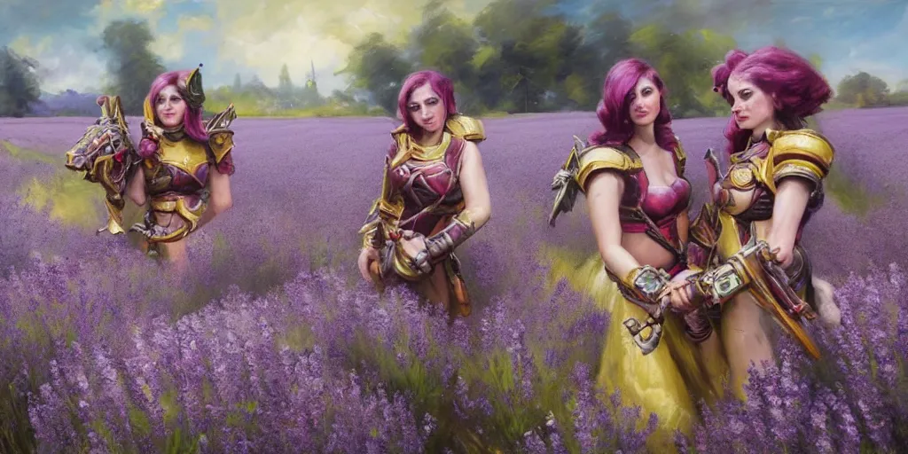 Image similar to warhammer 40k battle sisters in a lavander field. by Daniel F. Gerhartz, hyperrealistic oil painting, 4k, studio lightning, very detailed faces, rtx on