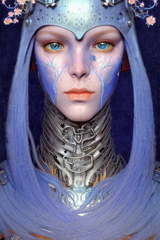 Image similar to portrait of beautiful young mainem, warhammer, russian style, cyber armor with scars, a lot of more scars, more and more flowers, blue head, the middle ages, highly detailed, artstation, illustration, art by jean delville, 8 k quality