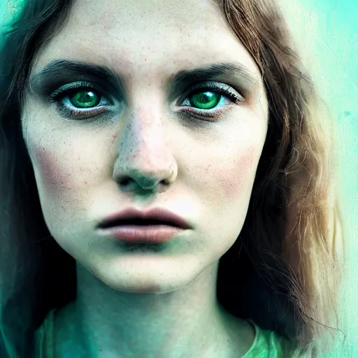 Prompt: a portrait photograph of a female angel by Alessio Albi, beautiful full face, symmetrical face, artstation,deviantart,hyperrealism, green eyes, long red hair,a small nose:1