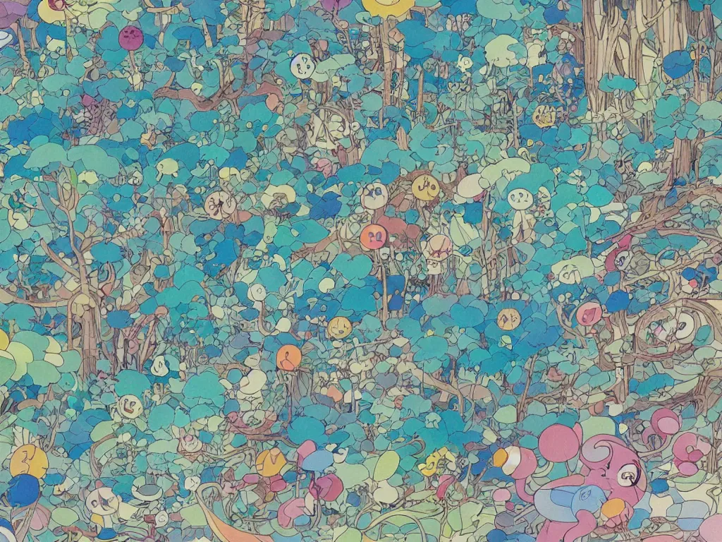 Image similar to colorful blueprint sideview of a fairytale forest, illustration, concept art, colorful, beautiful, studio ghibli, hayao miyazaki, takashi murakami, alfons mucha, manga, cute and adorable