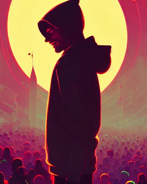 Prompt: tomorrowland, hyper - realistic portrait of a man in a hoodie, music festival, intricate, 4 k, by atey ghailan, by greg rutkowski, by greg tocchini, by james gilleard, by joe fenton, by kaethe butcher, dynamic lighting, lighting color scheme, sharp focus, grunge aesthetic