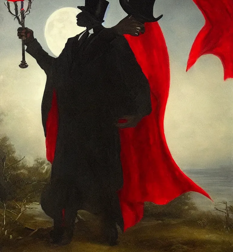 Prompt: a mysterious black man in a cemetery on a full moon night wearing a top hat that hides his face and a beautiful black and red cape while holding a poseidon trident, a realistic painting, moonlight, detailed.