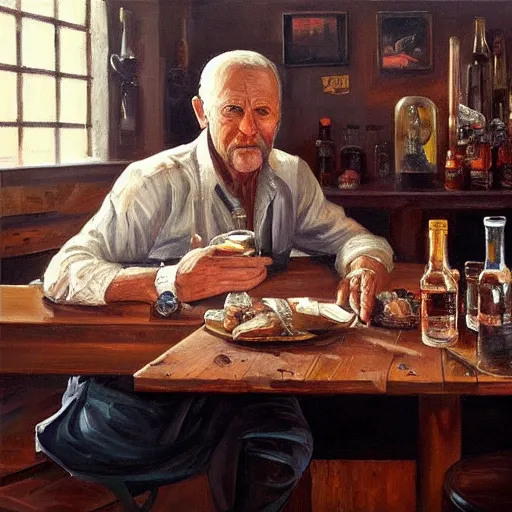 Image similar to modern oil painting portrait of old wrinkled gunslinger at table with bottle in western saloon, masterpiece, realistic and detailed, artstation, interesting lightning