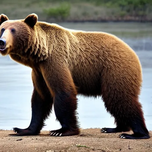 Image similar to a bloodthirsty bear, raised up on one side, with three ribs in its mouth between its teeth