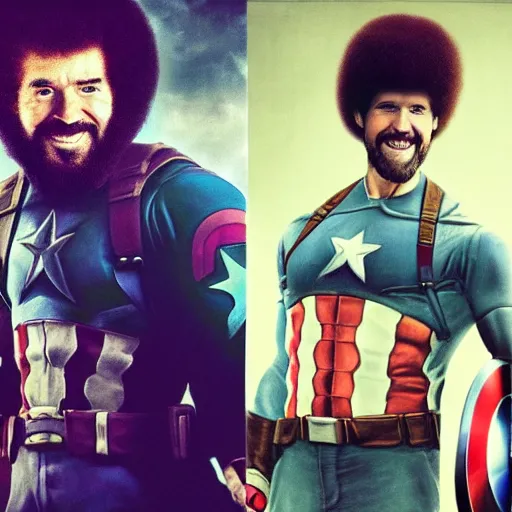 Image similar to Bob Ross as Captain America, photography, portrait