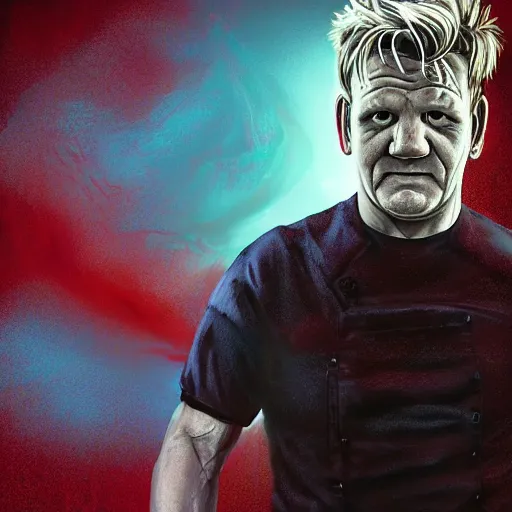 Prompt: photorealistic gordon ramsay in a hellscape by michael whelan. hyperdetailed photorealism, 1 0 8 megapixels, amazing depth, high resolution, 3 d shading, 3 d finalrender, 3 d cinematic lighting, glowing rich colors, psychedelic overtones, artstation concept art.