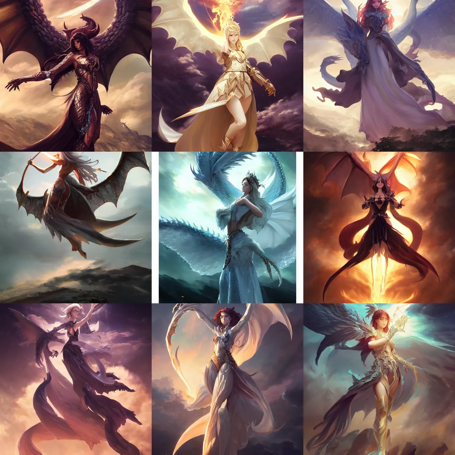 Prompt: glorious dynamic pose full body celestial goddess of dragons, 8k highly professionally detailed, hdr, dark fantasy, dynamic lighting, cinematic composition, pristine and clean design, cosplay, elegant, DAZ, art by rossdraws and greg rutkowski and Sarah Andersen,