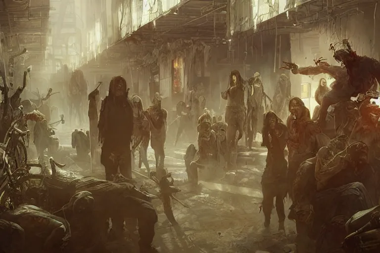 Prompt: painting of zombie apocalypse in subway, ultra realistic, concept art, intricate details, eerie, highly detailed, photorealistic, octane render, 8 k, unreal engine. art by artgerm and greg rutkowski and alphonse mucha