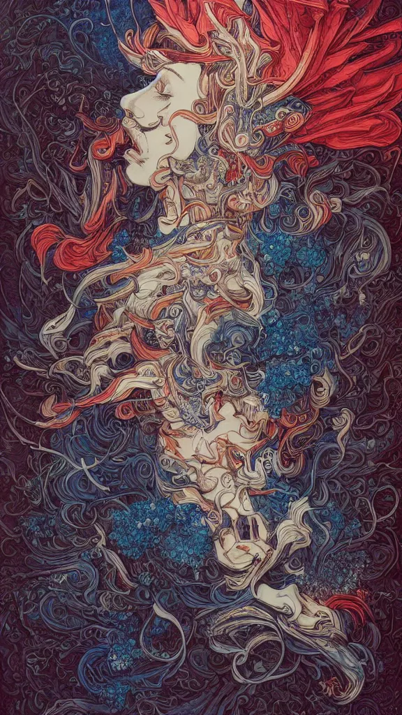 Prompt: french cannabis world, trychome crystals, ethereal atmosphere la liberté guidant le peuple, detailed linework, red white and blue colours, cinematic, psychedelic, black paper, ornate, tarot card, highly detailed, ink illustration, style of peter mohrbacher, golden ratio, 8k