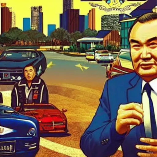 Image similar to Nursultan Nazarbayev in style of a GTA poster