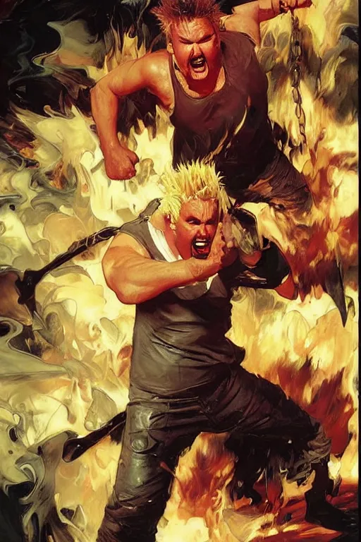 Image similar to guy fieri enraged, fighting gordon ramsay, punching, motion lines, action lines, painting by'phil hale '!!! gaston bussiere, craig mullins, greg rutkowski, alphonse mucha,