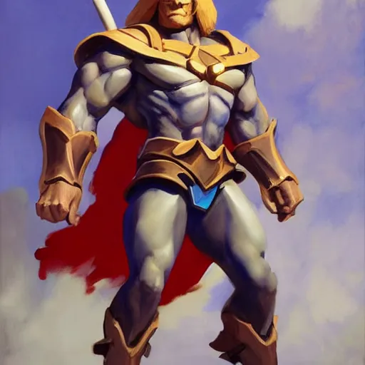 Image similar to greg manchess portrait painting of astonishing he - man the master of the universe as overwatch character, medium shot, asymmetrical, profile picture, organic painting, sunny day, matte painting, bold shapes, hard edges, street art, trending on artstation, by huang guangjian, gil elvgren, ruan jia, greg rutkowski, gaston bussiere