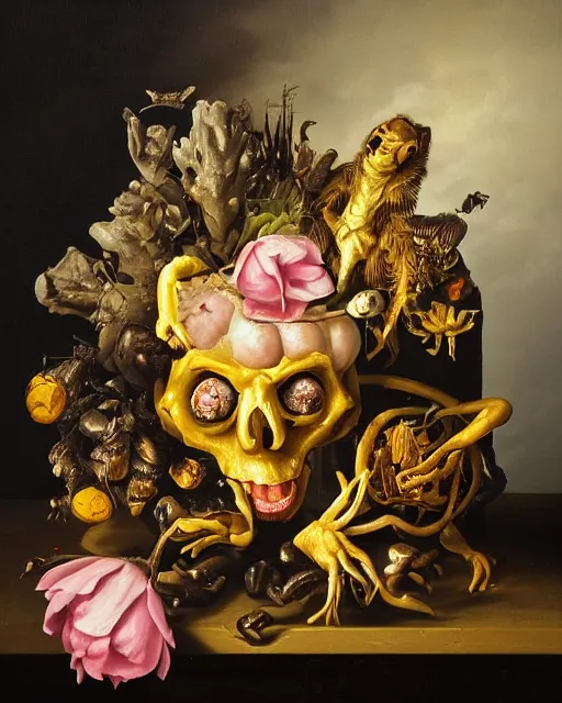 Image similar to refined gorgeous blended oil painting with black background by christian rex van minnen rachel ruysch dali todd schorr of a chiaroscuro portrait of an extremely bizarre disturbing mutated man made of still life flowers and rubber insects with shiny skin acne dutch golden age vanitas intense chiaroscuro cast shadows obscuring features dramatic lighting perfect symmetry perfect composition masterpiece