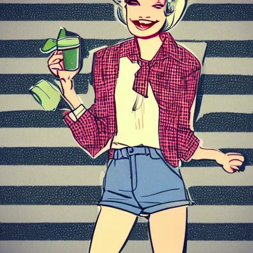 Image similar to 6 0 s style cartoon art cute girl wearing plaid shirt and jean shorts, she is grinning