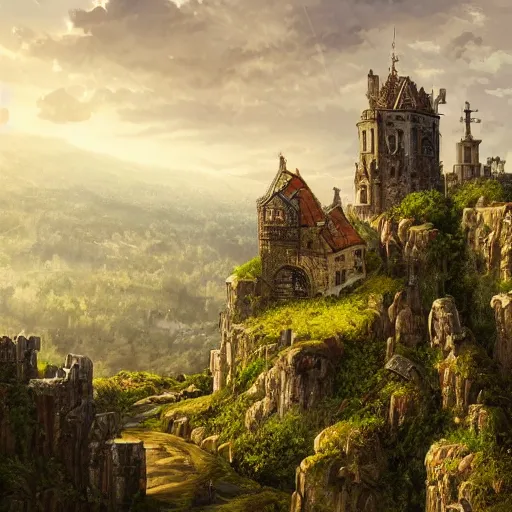 Image similar to ancient tower in top of lush mountain overlooking a valley with large medieval baroque city, mythical ambiance, sharp focus, highly detailed, cgsociety