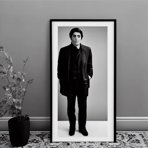 Image similar to stunning symmetrical portrait of alain delon in front of a tall moog synthesizer, high contrast grainy blank and white photography print ilford warm tone