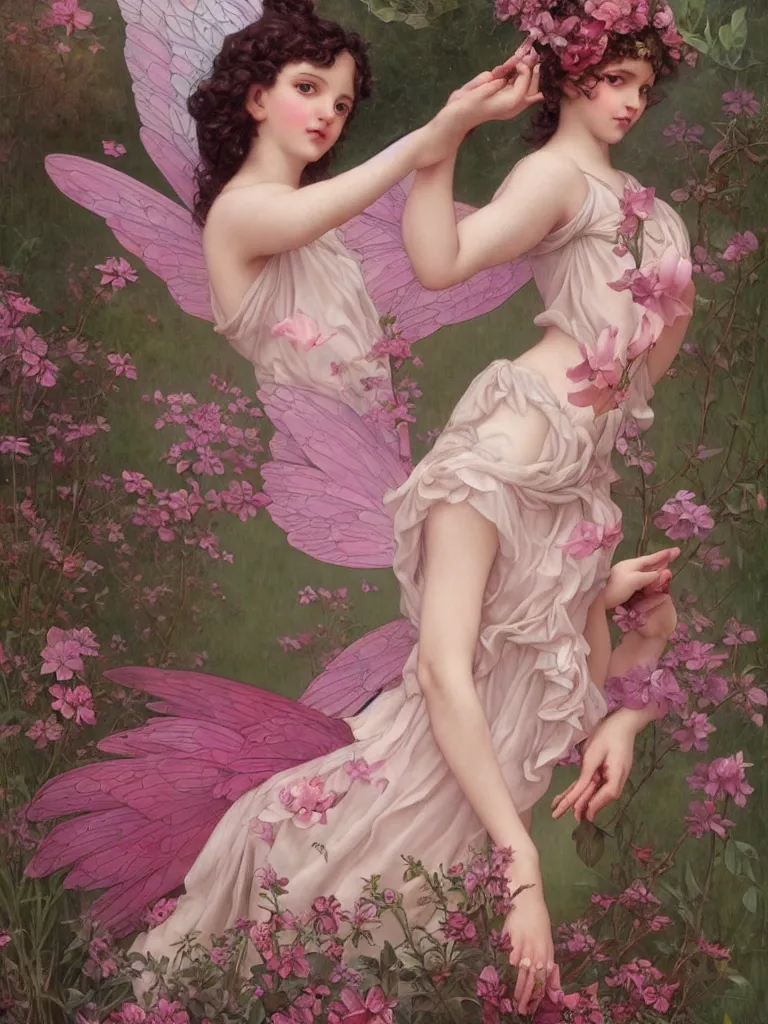 Image similar to one pink fairy with large wings exploring her lonely flower garden by herself in the style of tom bagshaw, william bouguereau, lois van baerle, ilya kuvshinov, alphonse mucha, extremely detailed, muted colors, symmetrical face, large eyes, beautiful face