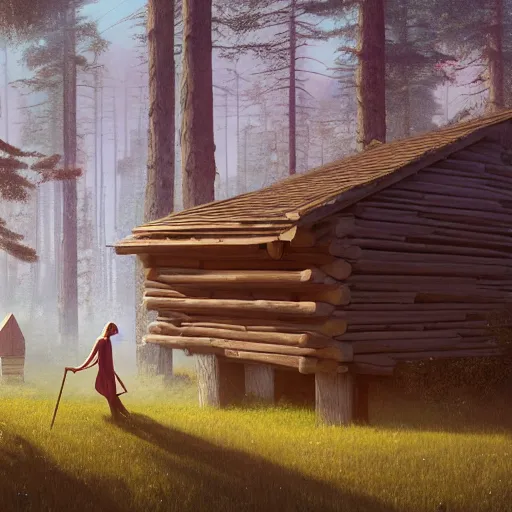 Image similar to woman leaving her wooden broken house by simon stålenhag, very highly detailed, award winning, rendered by Beeple, by Makoto Shinkai, syd meade, starwars, space art concept, digital art, unreal engine, blender, WLOP, trending on artstation, 4K UHD image, octane render