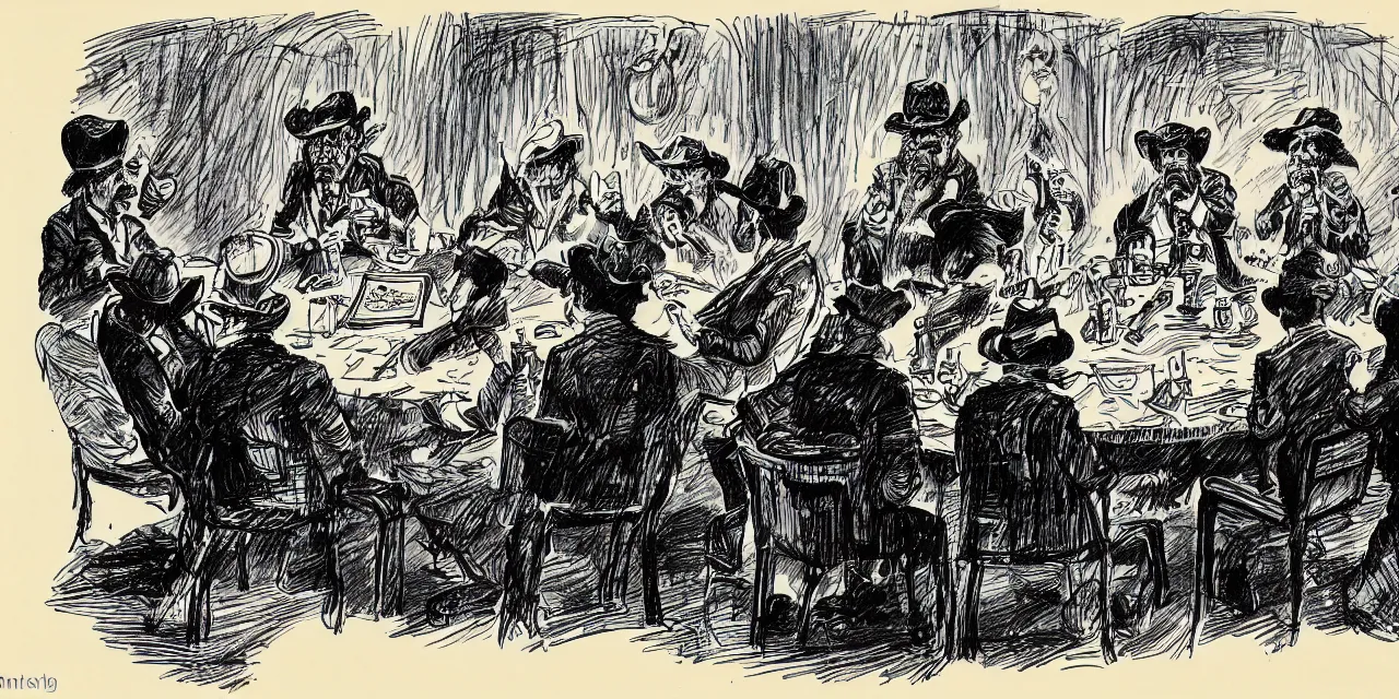 Image similar to caricature sketch by r. crumb, theme of insects dressed as cowboys playing cards while seated around a round table in front of a stage show 1 8 7 0