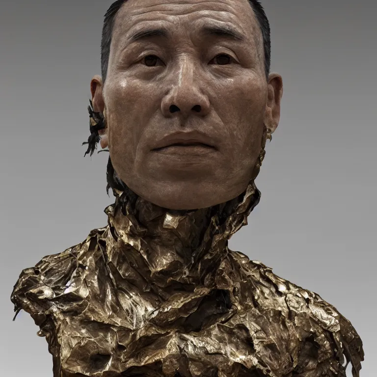 Image similar to hyperrealistic sculpture of a fossilized bronze male uyghur prisoner in a cage made of low poly acrylic on a pedestal by ron mueck and duane hanson and lee bontecou and baselitz, hyperrealistic dramatic colored lighting trending on artstation 8 k