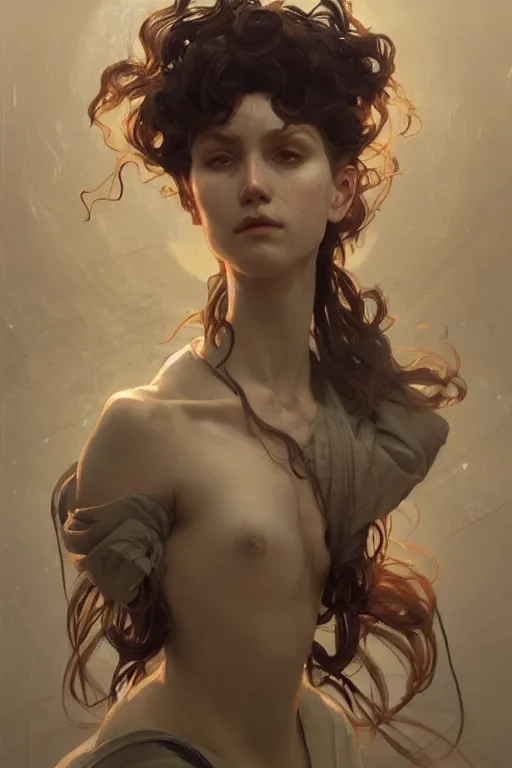 Prompt: A full portrait of a beautiful terrible powerful dystopian blind scriber, intricate, elegant, highly detailed, digital painting, artstation, concept art, smooth, sharp focus, illustration, art by Krenz Cushart and Artem Demura and alphonse mucha