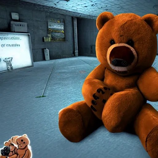 Prompt: a screenshot of a teddy bear inside a counter strike game, the teddy bear is holding a gun, the teddy bear is aiming at another teddy bear