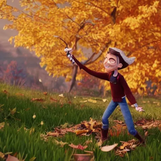 Image similar to a very cool and cute stopmotion animation character, a beautiful canadian woman, gardening, very attractive, spiky dark brown and grey hair, striped sweater, tight denim jeans, maroon doc marten boots, canadian maple leaves blowing about, mountains, autumn, unreal engine 5, 8 k, kubo and the two strings, disney, pixar,