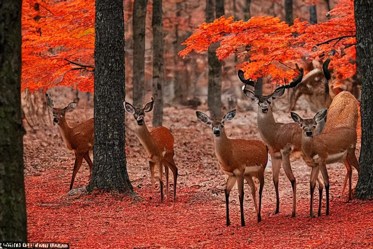 Image similar to a national geographic photo of deer that red color in forest, f 2,0, telephoto