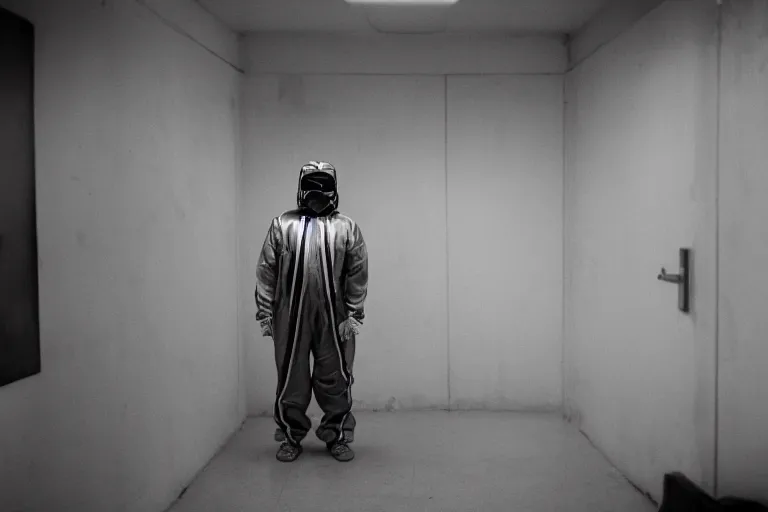 Prompt: a cinematic portrait of a prisoner dressed in a a black and white hazmat suit, in a small prison cell, dust storm, annie leibovitz and zack snyder, 8 k, hd, high resolution, 8 5 mm, red and white color theme, f / 1. 8