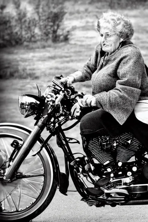 Image similar to a beautiful portrait photo of old grandmother riding on a Harley Davidson bike, cinematic masterpiece