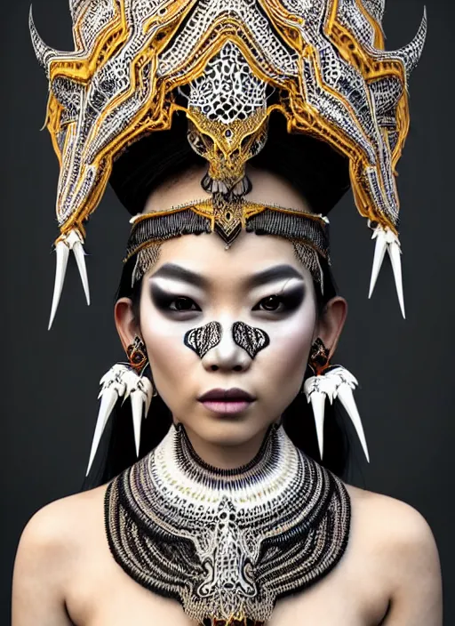 Image similar to a fierce looking beautiful young thai woman with symmetrical white makeup, wearing an intricate headdress made from bones and leather, wearing large earrings made from white bones, hyperdetailed illustration, intricate linework, in the style of a national geographic portrait, unreal engine 5 highly rendered, global illumination, radiant light, detailed and intricate environment