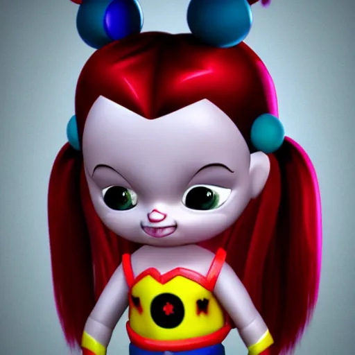 Prompt: baby harley quinn with pigtail in hair like pebbles flintstones playing with a magic wand, full body, big head, large smile, pixar style, happy, chill out 4 k trending on artstation