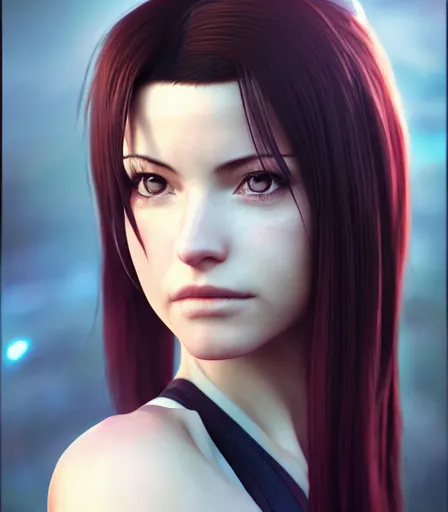 Image similar to beautiful portrait of a gorgeous personal trainer who looks like Tifa Lockhart , character design by charlie bowater, ross tran, artgerm, and makoto shinkai, detailed, soft lighting, rendered in octane