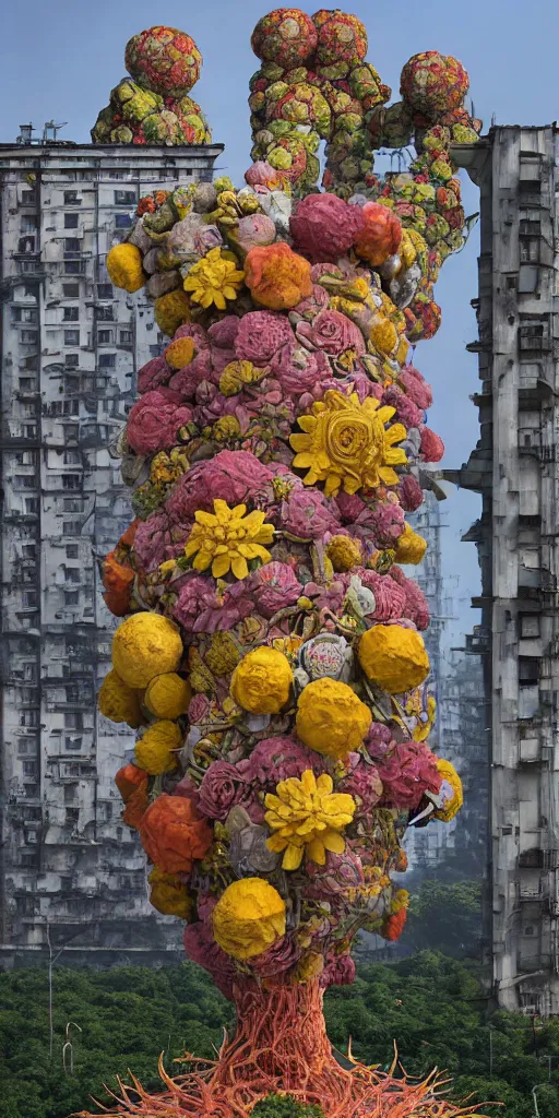 Image similar to colossal grotesque flower made from unfulfilled communist dreams in the middle of abandoned post soviet constructivist cityscape, Stalinist architecture, ultradetailed, Intricate by Hayao Miyazaki and Josan Gonzalez and Makoto Shinkai and Giuseppe Arcimboldo and Wes Anderson