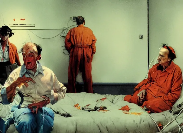 Image similar to a still from the movie one flew over the cuckoo's nest by francis bacon and norman rockwell and james jean, and mark brooks, triadic color scheme, by greg rutkowski, syd mead and edward hopper and norman rockwell and beksinski, dark surrealism, orange and turquoise