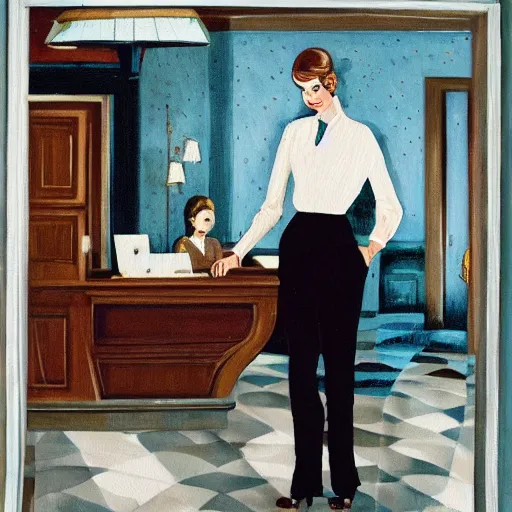 Prompt: A stylish painting of a stag dutifully working as a hotel receptionist in an Agatha Cristie novel