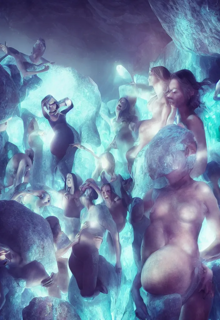 Image similar to epic pregnant woman talking to all her tribe with fluorescence bodies, proud people gather around the pregnant woman, ice cave, facinating, fantasy digital art, octane render, beautiful composition, trending on artstation, award - winning matte painting, masterpiece