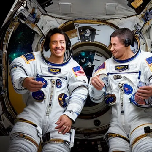 Image similar to two astronauts having a cup of tea with a table between them, floating in space, realistic photography