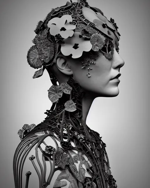 Image similar to monochrome 3 d model, 1 9 3 0 picture, floral steampunk biomechanical beautiful young female cyborg with porcelain profile face and a techno eye, volumetric light, leaves foliage and stems, hibiscus flowers, boho vines, sinuous fine roots, fine foliage lace, alexander mcqueen, rim light, big gothic fashion pearl embroidered collar, octane render, 8 k